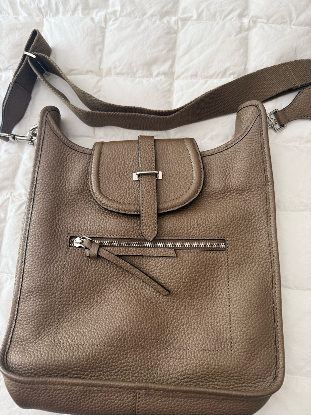 Taupe Pebbled Leather Crossbody with Zippered Top